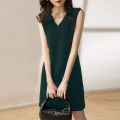 bellylady Women Cotton V Neck Dress Solid Color Loose Waist A-line Skirt Sleeveless Pullover Casual Short Dress. 
