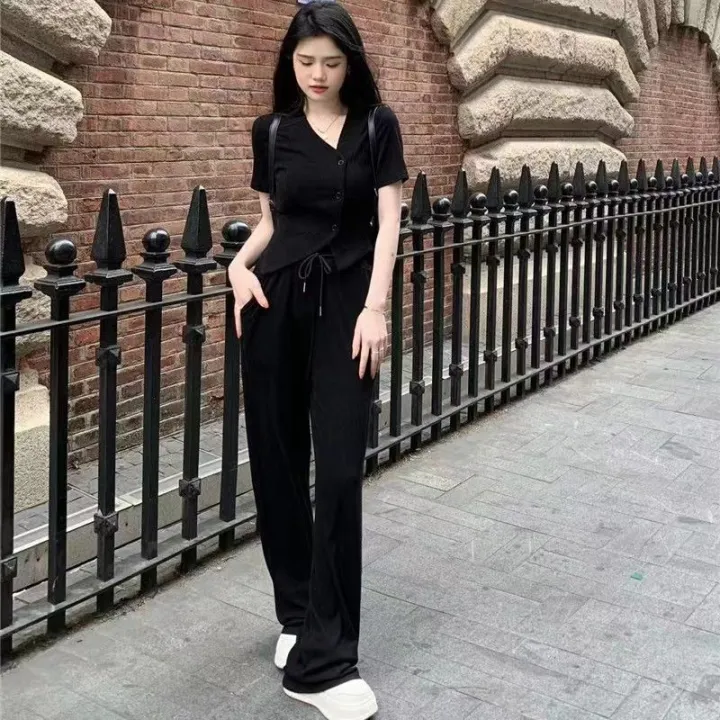 100%25%20Casual%20Fashion%20Set%20Women's%20Summer%20Design%20Slimming%20Irregular%20Short%20Sleeve%20Cardigan%20Top%20Wide%20Leg%20Pants%20Two-Piece%20Set%20-%20Image%202