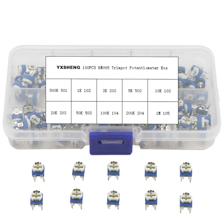 100Pcs%20RM065%20Carbon%20Film%20Horizontal%20Trimpot%20Potentiometer%20Assortment%20Kit%2010%20Values%20Variable%20Resistor%20500R%201K%202K%205K%2010K%20-1M%20Boxs%20-%20Image%203