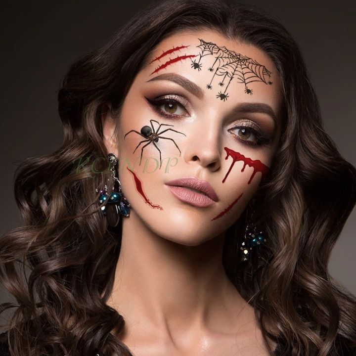 [Featured] Halloween Fake Tattoo Face Sticker /Spider Web Scar Tattoo  Face Temporary Tattoo Sticker /Wound Realistic Injury Scar Tattoo Sticker for Halloween Makeup Body Art