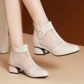 Dadongzhong Special Offer Real Soft Leather Soft Bottom Mesh Boots Female Summer New Mesh Closed Toe Chunky Heel Women's Chunky Heel Boots Fashion Sandals. 