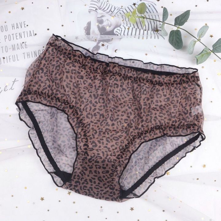 Leopard Print Mid Waist plus Size Underwear Women's Mesh Summer Ultra-Thin FatMMComfortable Breathable High Elastic Panties
