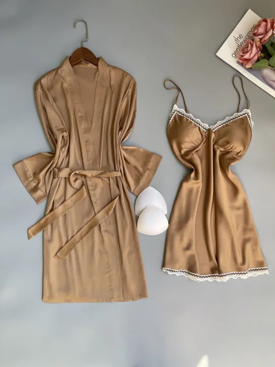 SYQ%20Solid%20Color%20Wavy%20Lace%20Sling%20Silk%20Nightgown%20Thin%20Fairy%20Two-Piece%20Nightgown%20Pad%20For%20Women%20-%20Image%202