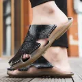 Genuine Cow Leather Slippers Men's Summer Sandals Outdoor Wear Sandals Home Half Slippers Korean Style Trendy Unique Beach Shoes. 