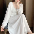SYQ New Spring And Summer Fairy Lace Princess Nightdress French Retro Palace Long Pajamas Home Clothes With Chest Pad. 