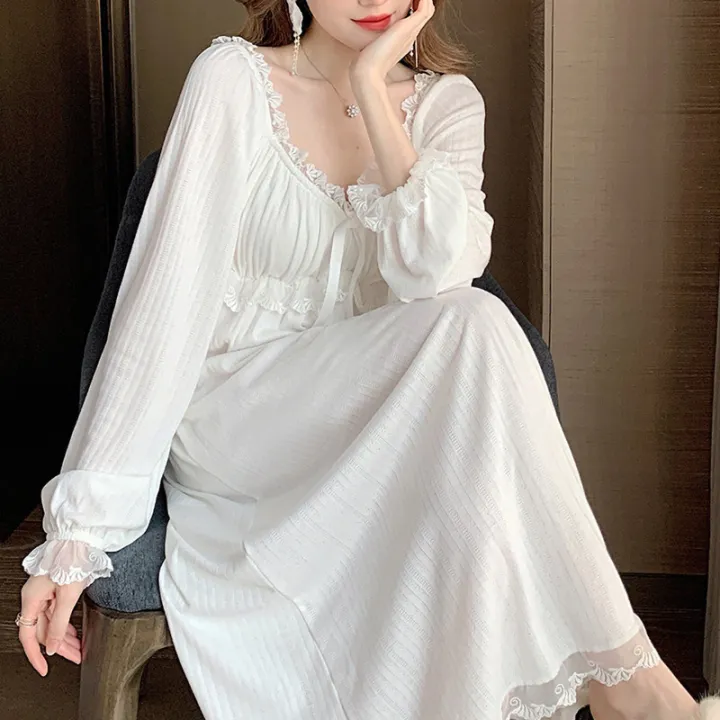SYQ%20New%20Spring%20And%20Summer%20Fairy%20Lace%20Princess%20Nightdress%20French%20Retro%20Palace%20Long%20Pajamas%20Home%20Clothes%20With%20Chest%20Pad%20-%20Image%202