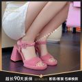 Barbie Pink Chunky Heels Open Toe French Chunky Heel Sandals for Women2023New Summer Roman Style Shoes. 