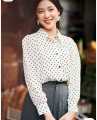 Women’s White Heart Print Button-Down Blouse – Long Sleeve Casual Shirt. 