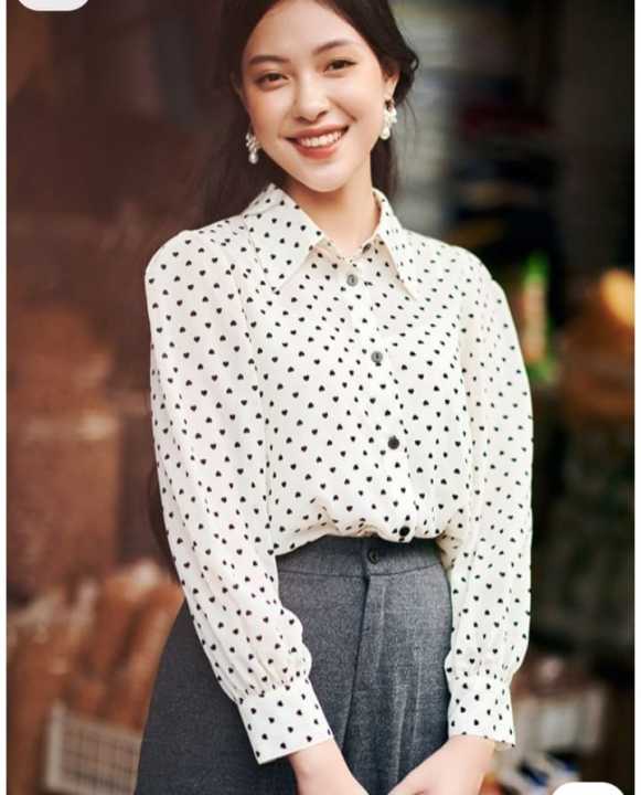 Women’s White Heart Print Button-Down Blouse – Long Sleeve Casual Shirt