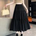 Summer New Korean Style High Waist A Word Cake Dress Design Sense Tree Fungus-like Lacework Patchwork Long Dress Rhinestone Skirt for Women. 
