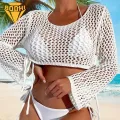Women Cover Up Tops Stylish Hollow Fishnet Design Cover Up Top for Women Quick-drying Breathable Blouse for Beachwear Loose Fit Round Neck Long Sleeve Shirt Absorbent Cover-up. 