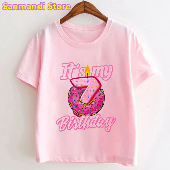 Fashion donuts my 7th/4th birthday graphic print tshirt White Pink Kids girl clothes T shirt kawaii children clothing T-shirt