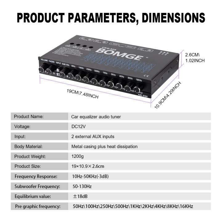 BOMGE%209-Band%20Car%20Audio%20Equalizer,%20Car%20Graphic%20Equalizer%20EQ%20W/Front,%20Rear%20+%20Sub%20Output,%208V%20RMS%20Line%20Driver,%20Adjustable%20Audio%20Output%20for%20Car,%20Boat,%20W/CD/AUX%20Input%20Select%20&%20White%20Light%20Illumination%20-%20Image%207