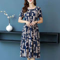 Yfashion Women Cotton Summer Short Sleeves Dress Elegant Stylish Printing Round Neck Midi Skirt Large Size Loose Casual Dress. 