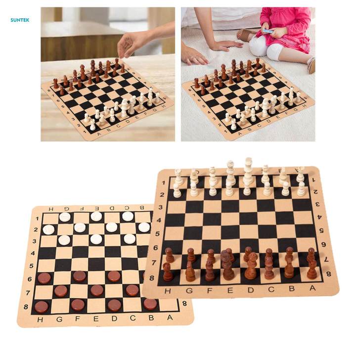Chess & Checkers Set 2 in 1 Family Board Games Brain Game Wooden Chess Pieces Table Strategy Game