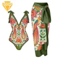 Plus Size Swimsuit with Deep V-neck Stylish Lace-up One-piece Swimsuit Set with Uv Protection Skirt Trendy Women's Monokini Cover-up Set for Beach Vacation Women Tummy Control Swimsuit. 