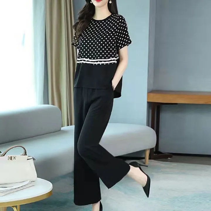 Yfashion%202%20Pcs%20Women%20Outfits%20Polka%20Dot%20Printing%20Stitching%20Short%20Sleeve%20T-shirt%20Long%20Wide%20Leg%20Pants%20Fashion%20Casual%20Sportswear%20Suit%20%5Cu989c%5Cu8272%20-%20Image%203