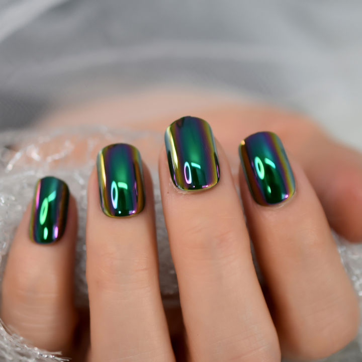 Chrome%20Nails%20Press%20On%20Square%20Nails%20Full%20Cover%20Fingernails%20Green%20Electroplate%20Design%20Short%20Style%20With%20Glue%20Sticker%20Manicure%20-%20Image%205
