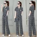 One-Piece/Set 2023Summer New Fashion Slimming Short-Sleeved Printed Top Wide-Leg Pants Casual Two-Piece Suit Women. 