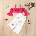 2Pcs Kids Casual Clothing Sets Outfits Off Shoulder Tops Butterfly Print Pants Outfits. 