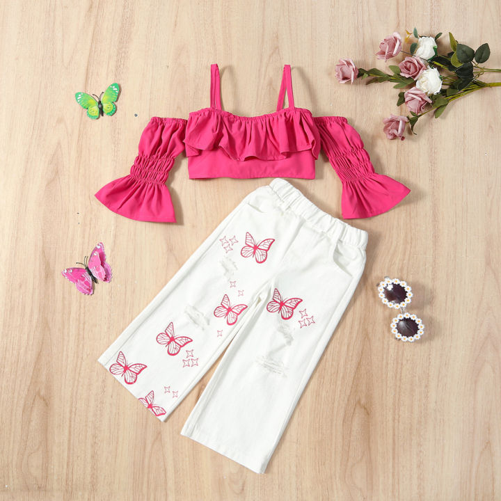 2Pcs Kids Casual Clothing Sets Outfits Off Shoulder Tops Butterfly Print Pants Outfits