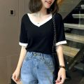 2-300 Jin Short Sleeve Ice Silk New 2024 Summer Thin Loose Slimming Temperament Color Matching V Collar T Women's T-shirt. 