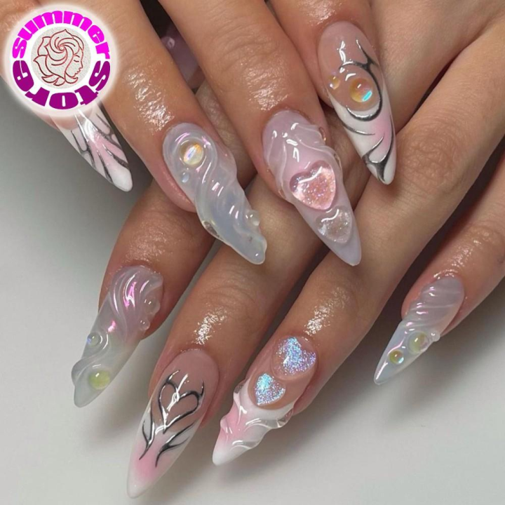 SUMMER Peach Love French Wear Nail 3D Type Fake Nails Mermaid Bubble Beads Nail Tips Finished Product