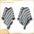 Enigma- Cloak Coat Thick Striped Print Fringe Trim Loose Shawl Coat. 
