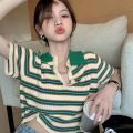 POLO Collar Striped Sweater for Women Spring and Summer 2024 New Design Sense Slim Fit Slimming and Short Hot Girl Short Sleeve Top. 