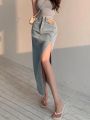 DEEPTOWN Long Denim Skirt Vintage Women Solid High Waist A-LINE Slim Korean Style Jean Slit Midi Skirt Summer Fashion Girl. 