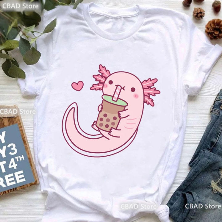 Chubby axolotl enjoys bubble tea print t shirt Girls cute koala bear/guinea pig tshirt women Harajuku kawaii clothes T-shirt