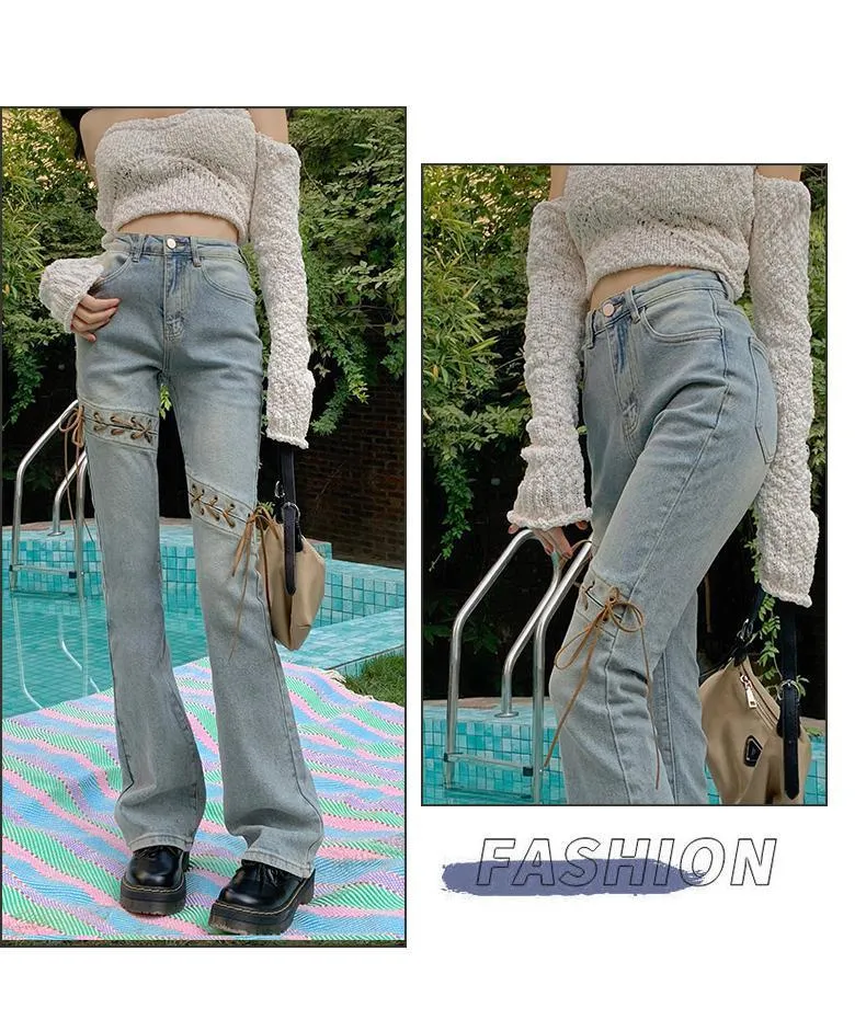 Hot Girl High Waist Drooping Lace-up Jeans for Women 2024 Summer 