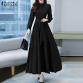 ZANZEA Women Long Sleeve Party Evening Prom Dress A-Line Plain Tunic Maxi Dresses. 