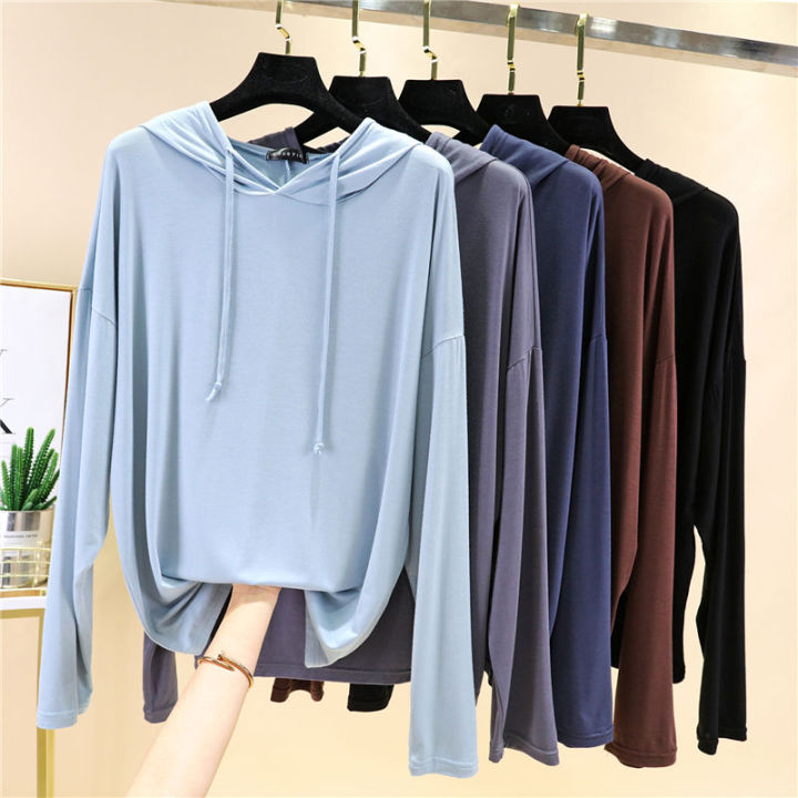 Modal Long Sleeve Hooded T T-shirt Women's Spring/Summer plus Size Sweater Loose Inner Wear Bottoming Shirt Slimming Sun Protective Thin Top