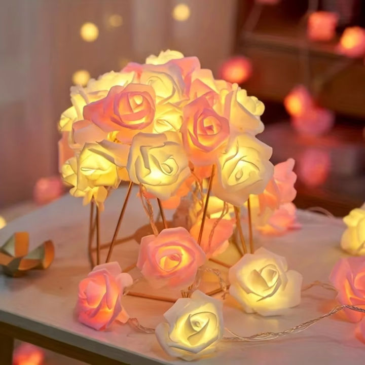 1PCS 2M Rose Small Colored Lights String Lights LED White and Pink Rose Birthday Decor Gift Room Bedroom Decoration
