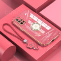 For Samsung Galaxy A51 4G A71 4G A21s A31 M51 M31 M30s M21 Back Cover with Lanyard Rhinestone Ring Stand Luxury 6D Plating Square Frame Phone Case Shiny Holder Soft Silicone Protective Cases Pouch Girls. 