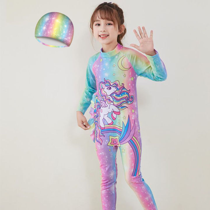 Yfashion 2 Pcs Girls Swimsuit Cartoon Printing Long Sleeve One-piece Swimwear Beach Sunscreen Trousers With Swimming Cap color