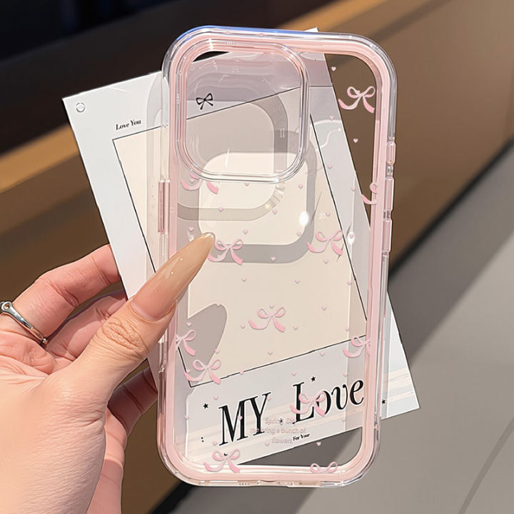 Cute Pink Bow Phone Case For iPhone 13 Case iPhone 15 17 14 11 12 16 Pro Max Transparent 2 IN 1 Shockproof Silicone Soft Cover