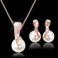 Wedding Jewelry Set Bride Rose Gold Crystal Faux Pearl Pendant Necklace Earrings. 