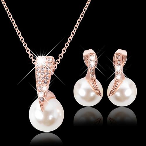 Wedding Jewelry Set Bride Rose Gold Crystal Pendant Necklace Earrings