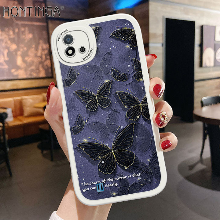 Hontinga for Realme C20 / C20A / C11 2021 Back Cover PU Leather Black Butterfly Case Soft Silicone Edge Phone Cases