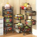 5 Layer Fruit Vegetable Storage Basket, Multi-Layer Square Rotating Kitchen Storage Shelf, Rotatable Kitchen Storage Rack Trolley with Wheels. 