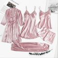 5Pcs/Set Women Satin Silk Pajamas Lace Robe Nightdress Wedding Nightwear Home Wear Nighty Female New Shorts Pants Sleepwear. 