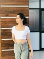 Nessie Black Ribbed Knit Square Neck Short Sleeve Crop Top. 