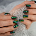 Chrome Nails Press On Square Nails Full Cover Fingernails Green Electroplate Design Short Style With Glue Sticker Manicure. 