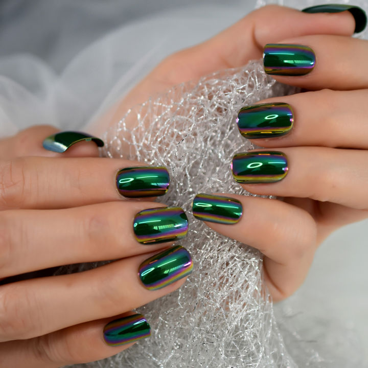 Chrome%20Nails%20Press%20On%20Square%20Nails%20Full%20Cover%20Fingernails%20Green%20Electroplate%20Design%20Short%20Style%20With%20Glue%20Sticker%20Manicure%20-%20Image%204