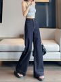 Denim Dark Blue Wide Leg Jeans Women's Summer Thin Drooping Straight Pants Fashion Retro High Waist Slimming Pants. 