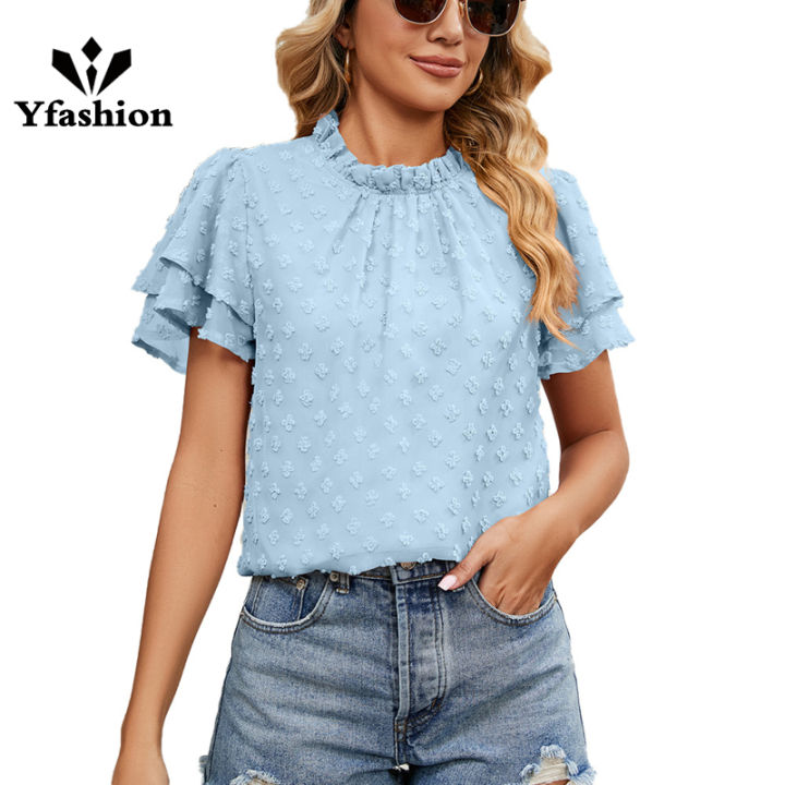 Yfashion%20Women%20Short%20Sleeves%20T-shirt%20Elegant%20Double-layer%20Jacquard%20Crew%20Neck%20Blouse%20Simple%20Solid%20Color%20Chiffon%20Tops%20-%20Image%209