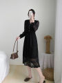 Yfashion French Style Lace Dress For Women Cotton Elegant Long Sleeves V Neck A-line Skirt Solid Color Mid-length Dress. 
