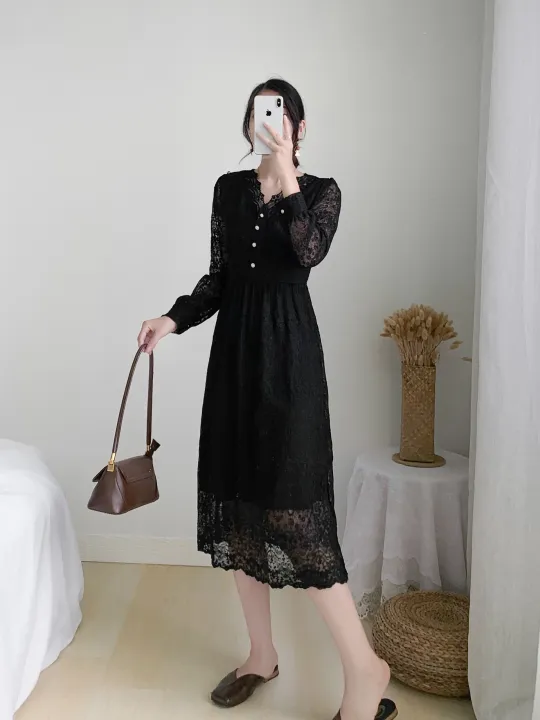 Yfashion%20French%20Style%20Lace%20Dress%20For%20Women%20Cotton%20Elegant%20Long%20Sleeves%20V%20Neck%20A-line%20Skirt%20Solid%20Color%20Mid-length%20Dress%20-%20Image%207